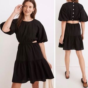 Madewell Seersucker Black Puff Sleeve Cutout Mini Dress